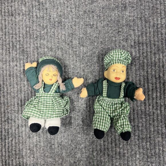 Vintage Shelf Sitter Set Of 2 Porcelain 6” Dolls Girl Boy Cottage Core Green - Picture 4 of 11